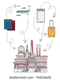 Lets travel poster with famous chinese architectural attractions, travel bag, passport, plane and smartphone in linear style. Online tickets ordering, asian tour advertising vector background.