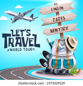 Let's travel world tour vector design. Let's travel world tour text with travelling elements like bag, sneakers and hat for international and worldwide adventure. Vector illustration