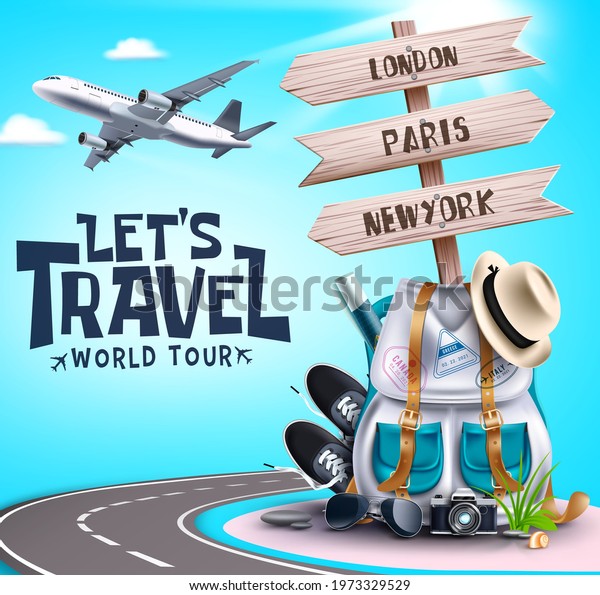 Let\'s travel\
world tour vector design. Let\'s travel world tour text with\
travelling elements like bag, sneakers and hat for international\
and worldwide adventure. Vector\
illustration