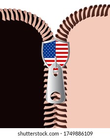 Let's unite - Stop Racism, is a picture of a zipper with fist-shaped elements, held together by an American shield-shaped slider, as a symbol of unity.