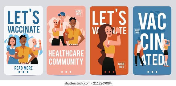 Let's vaccinate healthcare campaign vector poster. Diverse vaccinated young people show bandage on arm. COVID vaccination banner for mobile phone app.