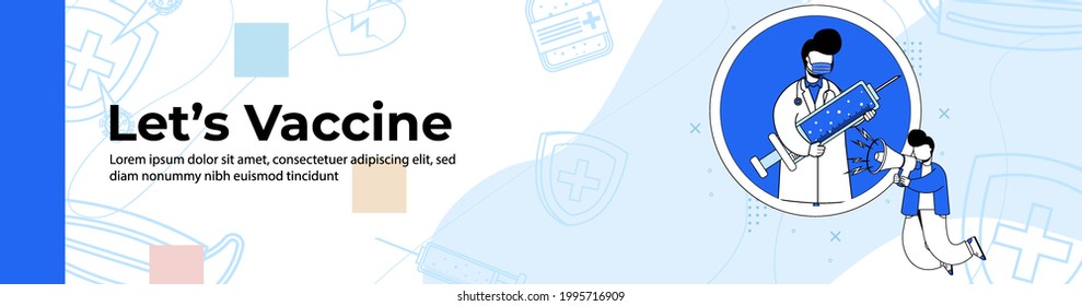 Vamos a vacunar el diseño de banner web. un hombre dice que vamos a vacunarnos usando un megáfono. Prevención de virus, cabecera de invitación a la vacuna o cartel de pie de página.