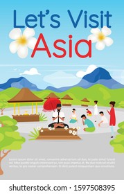Lets visit Asia brochure template. Spiritual tourism. Flyer, booklet, leaflet concept with flat illustrations. Vector page cartoon layout for magazine. advertising invitation with text space