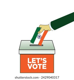"Let's Vote" vector design Ballot Box with hand and India Flag. Indian Election Voting Concept on a white background. Ideal for use in campaign posters and banners. EPS Editable Format.