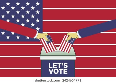 "Let's Vote" vector illustration design Ballot Box with two hands with US Flag. US Elections Concept on a US Flag. Ideal for use in campaign posters and banners. EPS Editable Format.
