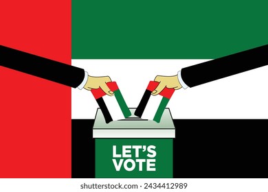 "Let's Vote" vector illustration design Ballot Box with two hands with the UAE Flag. UAE Elections Concept on a UAE Flag. Ideal for use in campaign posters and banners. EPS Editable Format.	