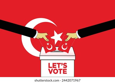 "Let's Vote" vector illustration design Ballot Box with two hands with the Turkiye Flag. Turkiye Elections Concept on a Turkiye Flag. Ideal for use in campaign posters and banners. EPS Format.