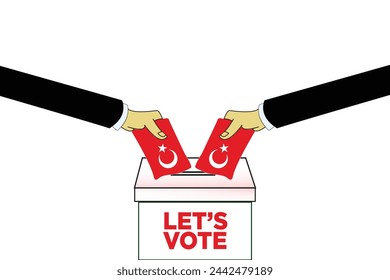 "Let's Vote" vector illustration design Ballot Box with two hands with a Turkiye Flag. Turkiye Elections Concept on a white background. Ideal for use in campaign posters and banners.