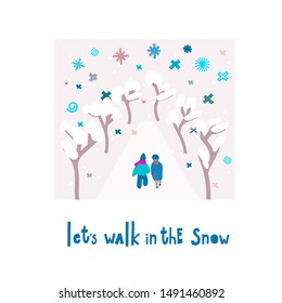 Lets walk snow flake tongue hug smile Christmas simple card. Winter Holidays vector. Paper postcard graphic design element Cute written primitive small sign. Kids drawing Children hand made cutout art