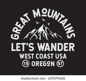 Let's Wander text. Mountain illustration, outdoor adventure . Vector graphic for t shirt and other uses.