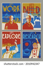 Let's Work, Build, Explore and Research! Retro Soviet Propaganda Posters Style Illustrations 