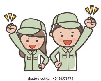 Let's work hard all day long! Clip art of male and female worker(cleaner) with guts