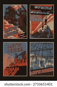 Lasst uns arbeiten! Alte Industrie-Propaganda-Poster Stil Vektorgrafik-Set. Anlage, Fabrik, Riesenwasserkraftwerk, elektrische Generatoren, Baustelle. Retro-Farben und veraltete Papiertextur