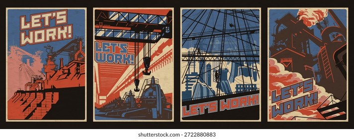 Vamos trabalhar! Conjunto de Ilustração de Vetor de Estilo de Cartazes de Propaganda Industrial Antiga. Planta, Fábrica, Usina Hidrelétrica Gigante, Geradores Elétricos, Local De Construção. Cores Retro e Textura de Papel Envelhecido