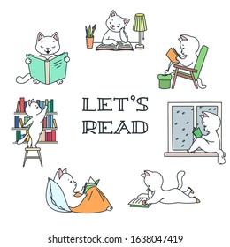 Lets's Read. Doodle illustration of a cute white cats fond of reading. Vector 8 EPS.