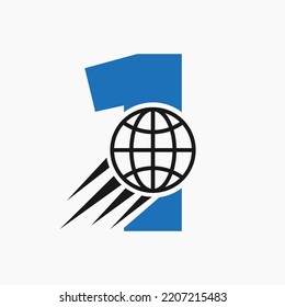 Buchstabe 1 globales Logo-Konzept mit bewegtem World-Symbol. Vektor-Vorlage für globales Logotypsymbol