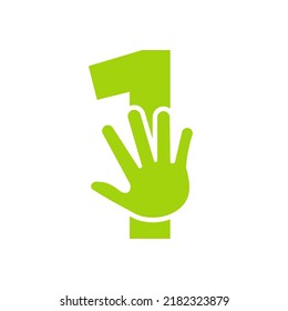 Letter 1 Hand Logo Concept For Hand Care, Charity Sign and Donation Logo Symbol Vector Template