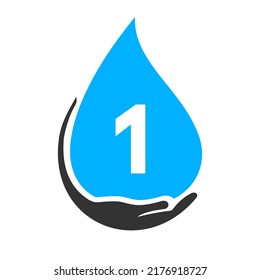 Letter 1 Hand and Water Logo Concept. Water Care Logo Vector Template