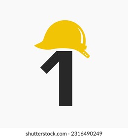 Letter 1 Helmet Construction Logo Concept With Safety Helmet Icon. Engineering Architect Logotype
