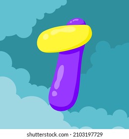 letra 1 iniciales Los globos morados y amarillos se entrelazan para formar letras flotando aislados en el fondo del cielo y las nubes, logo vectorial letra ilustración tipografía.