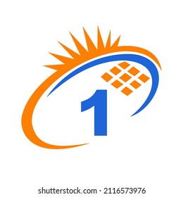Letter 1 Inside Solar Cell or Solar Panel Energy Logo Design. Letter 1 Logo with Solar Elements, Sun, Solar Panels Sign