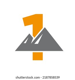 Señal del vector del logotipo de montaje de la letra 1. Logotipo paisajístico de la naturaleza de montaña combina con icono de colinas y plantilla