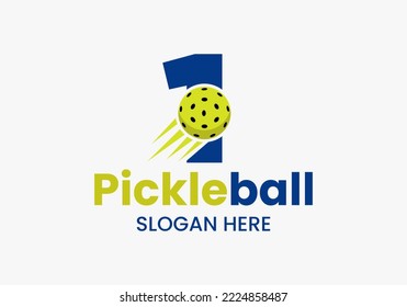 Letter 1 Pickleball Logo Concept With Moving Pickleball Symbol. Pickle Ball Logotype Vector Template