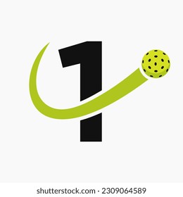 Letter 1 Pickleball Logo Concept With Moving Pickleball Symbol. Pickle Ball Logotype