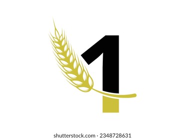 letter 1 sign symbol with wheat ears wreath. Agriculture Logo Farming Template Vector Symbol