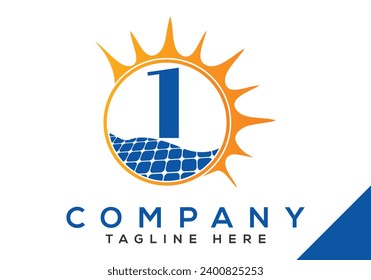 Letra 1 con panel solar y placa de vectores de diseño con logotipo de signo solar.