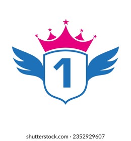 Letter 1 Transportation Logo With Wing, Shield And Crown Icon. Wing Logo On Shield Symbol