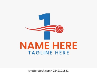 Letter 1 Volleyball Logo Concept With Moving Volley Ball Icon. Volleyball Sports Logotype