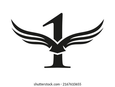 Letter 1 Wing Logo Design. Initial Flying Wing 1 Letter Logo. Letter 1 Wings Symbol Concept