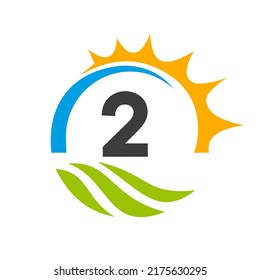 Letter 2 Agriculture Logo Vector Template. Agriculture Logo Concept with Green Field and Bright Sun Element
