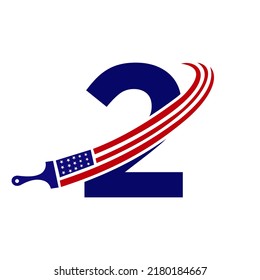 Letter 2 American Paint Logo Concept with Paint Brush Vector Template