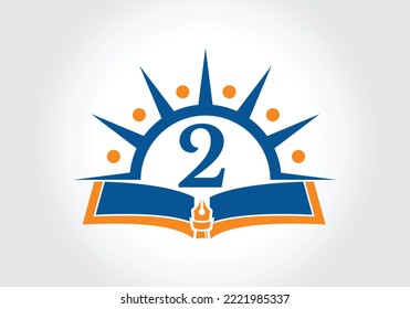 Letter 2 With Education Logo Book Concept. Training Career Sign, University, Academy Graduation Logo Template Vector Design.