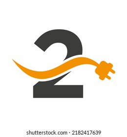 Letter 2 Electricity or Electrical Logo Concept with Electric Plug Vector Template