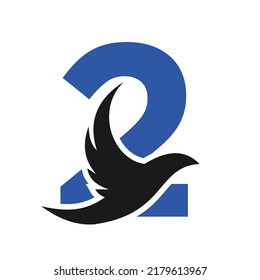 Letter 2 Flying Bird Logo Template Vector Sign. Dove Bird Logo on Letter 2 Concept