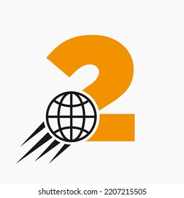 Letra 2 Concepto De Logotipo Global Con Icono De Mundo En Movimiento. Plantilla de vector de símbolos de logotipo global