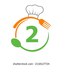 Logo De La Carta 2 Con Sombrero De Chef, Cuchara Y Logo De La Horquilla Para Restaurante. Logotipo De Restaurante En La Letra 2 Cuchara Y Concepto De Horquilla