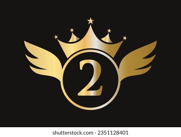 Letter 2 Wing Logo Concept With Crown Icon Vector Template. Wing Symbol