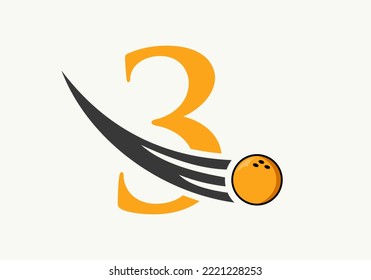 Letter 3 Bowling Logo. Bowling Ball Symbol With Moving Ball Vector Template