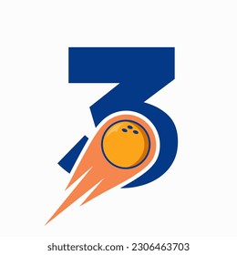 Letter 3 Bowling Logo. Bowling Ball Symbol With Red Moving Ball Icon