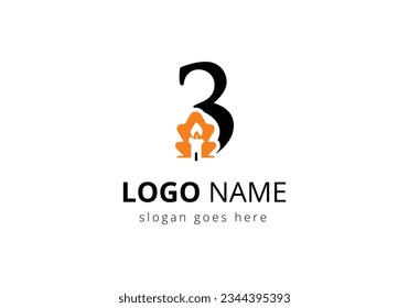 Letter 3 With Candle Logo  Design Vector Template. For Event, Celebration and Party Symbol