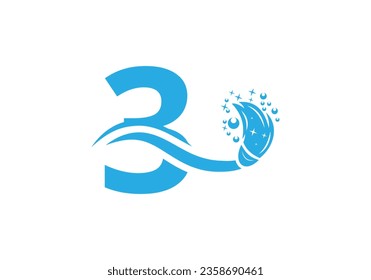 Letter 3 Cleaning Service Logo Design Concept With Clean Brush Symbol Template.