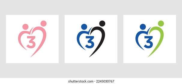 Letter 3 Community Logo Template. Teamwork, Herz, Menschen, Familienbetreuung, Love Logo. Spendenzeichen der Stiftung