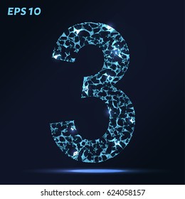 The letter 3 consists of points, lines and triangles. Vector illustration
