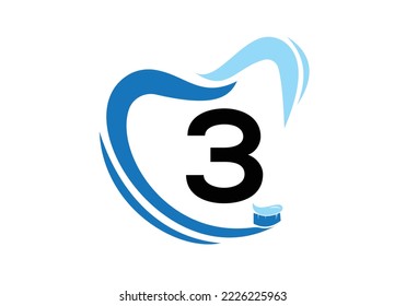 Letter 3 Dental Logo Design Template Inspiration With Tooth Brush Symbol , Vector Illustration