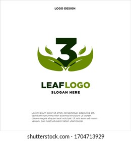 Letra 3 Elemento de diseño de logotipo de hoja verde, plantilla de logotipo inicial de letra 3 hoja