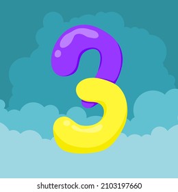 letra 3 iniciales Los globos morados y amarillos se entrelazan para formar letras flotando aislados en el fondo del cielo y las nubes, logo vectorial letra ilustración tipografía.